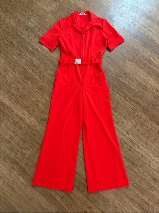 Vintage Pants - Vintage 70s Red Polyester Jumpsuit Wide Leg Belted Disco Surrey Classics M